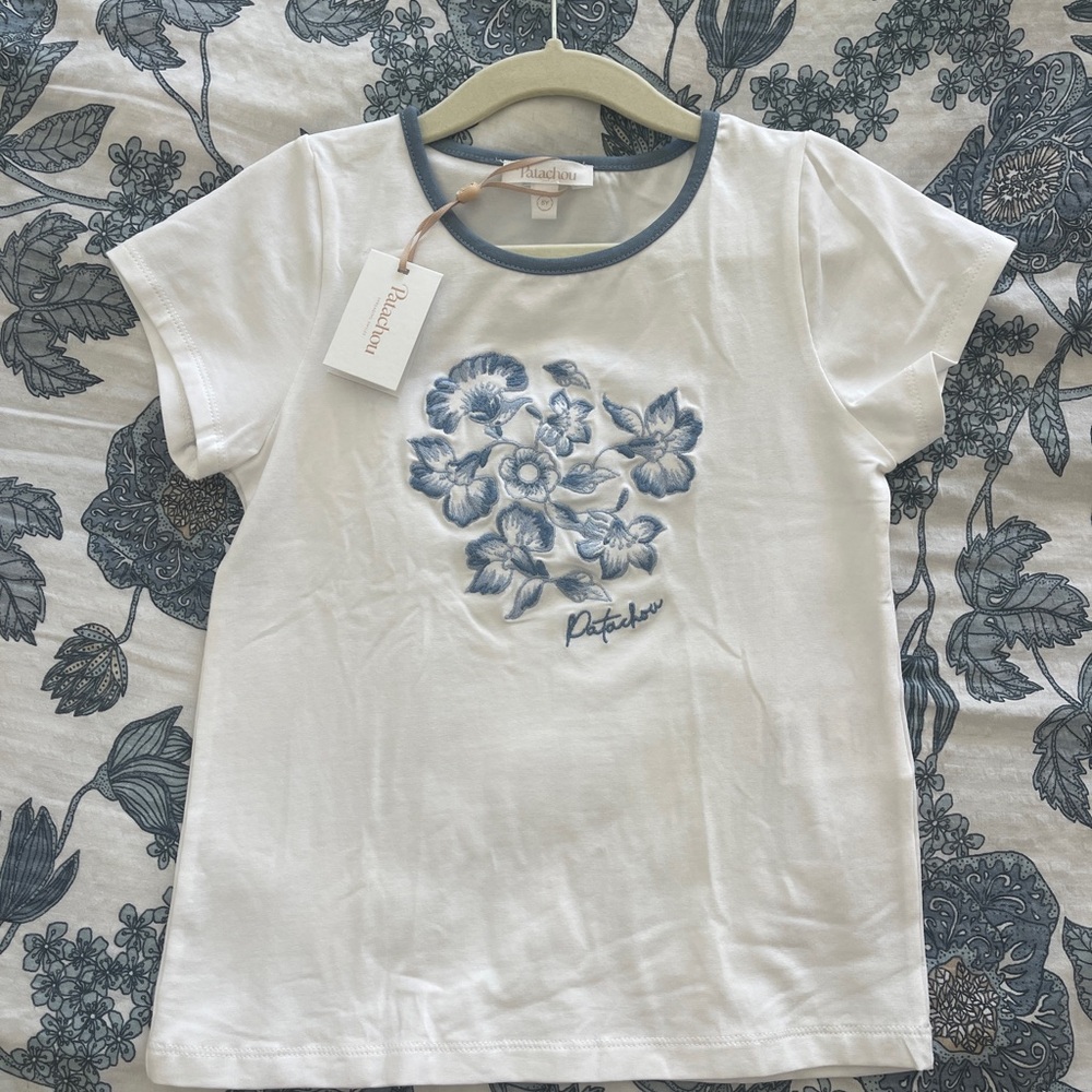 Patachou Girls' White Tee with Blue Floral Embroidery